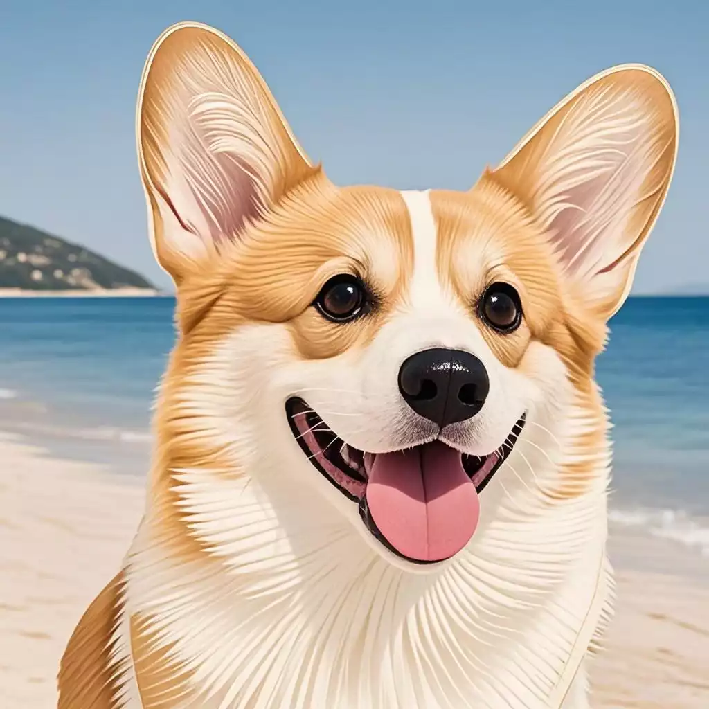 一只在海边的开心的小狗